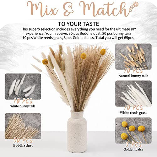 Natural Dried Pampas Grass - Boho Home Dried Flowers Decor – Includes 17 Inch White Pompous Grass, Bunny Tails, Natural Reed Grass –Fluffy Dried Flowers for Home Office Wedding Flower Arrangements