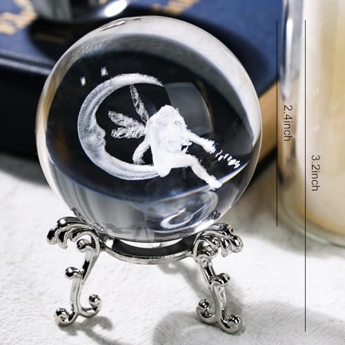 FUTUREPLUSX Crystal Ball with Stand, 3D Laser Crystal Ball Moon Fairy Glass Sphere for Birthady Gift Home Weeding Decor Crafts