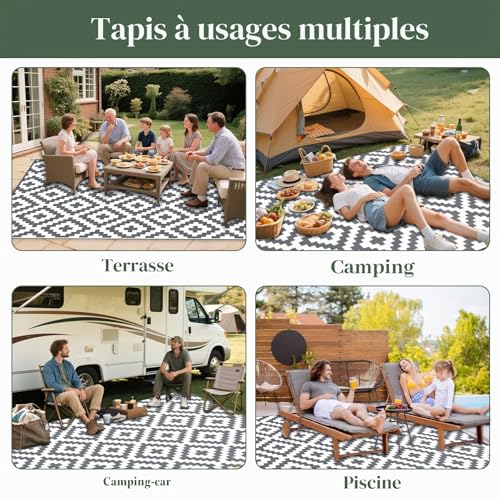 Mokani Rain Resistant Outdoor Rug for Patio, Deck, Beach, Picnic, Backyard (240 x 300 cm, Grey & White)