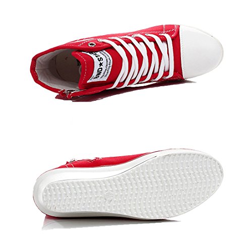 mewow Womens Girl's Casual Plus Size High Top Wedge Heel Canvas Shoes Fashion Sneaker (7, Red)