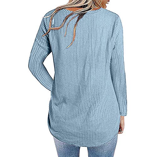 Long Sleeve Shirts for Women,Knot Waffle Knit Tunic Blouse Cute Shirts Tops (M, Blue)