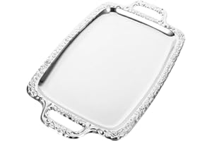 Cabilock Stainless Steel Rectangular Snacks Serving Plate 15.74X9.05 Inch Silver Edging Multifunctional Food Tray for Home Or