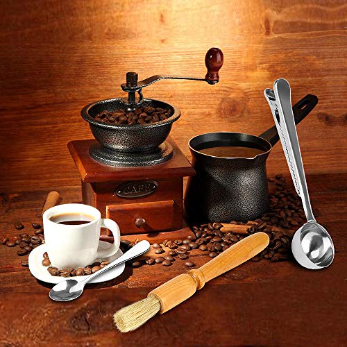 Hyber&Cara Espresso Accessories 1 PC Stainless Steel Coffee Measuring Scoop with Bag Clip + 1 PC Grinder Cleaning Brush + 4 Pcs Mini Stainless Steel Demitasse Spoons