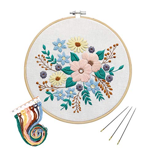 Full Range of Embroidery Starter Kit with Pattern,UNIME Cross Stitch Kit Including Embroidery Cloth with Plant Pattern, Bamboo Embroidery Hoop, Color Threads and Tools Kit (Flowers)