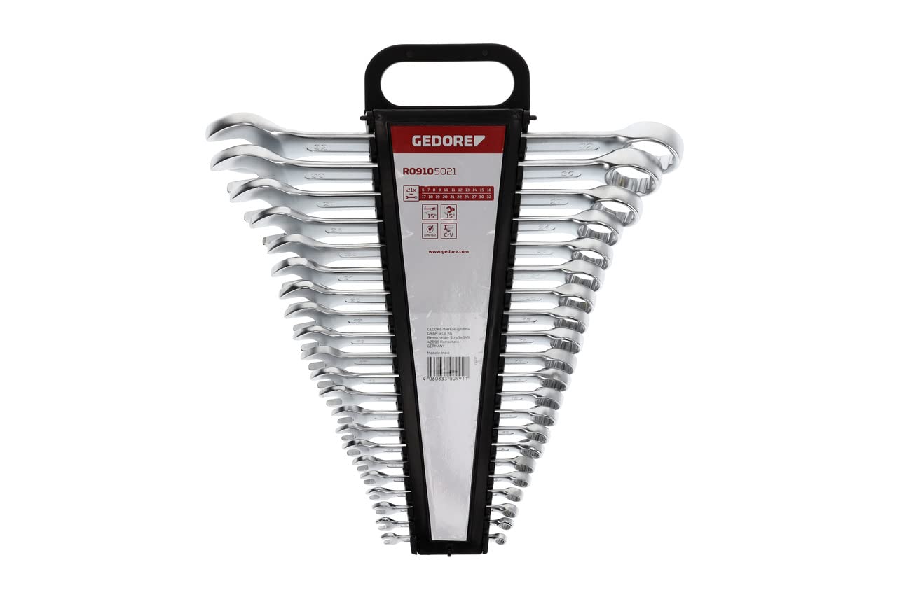 Gedore Red Combination Spanner Set, 21 Pieces, SW 6-32, Chrome Vanadium Steel, Silver