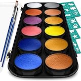 Face Paint and Body Painting Kit – Set of 12 Metallic Colors with Bonus Flat and Detail Paint Brushes – Comes w/ 30 Design Stencils – Non Toxic, Water Based and Easy On, Easy Off – FDA Compliant