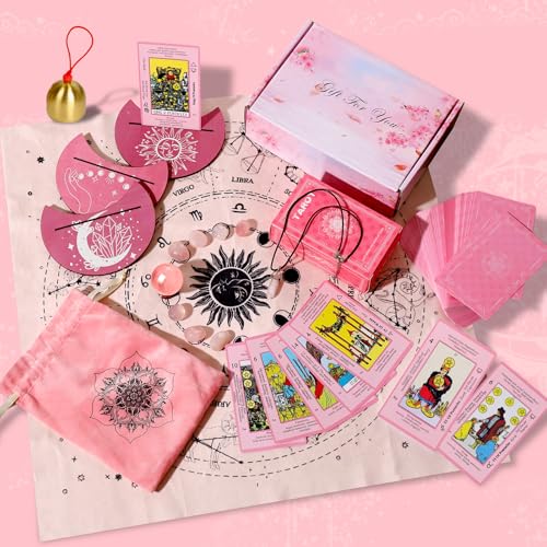 Myripoly Pink Tarot Cards Deck Set for Beginners-Classic Tarot Cards with Meanings on Them-17PC Tarot Witchcraft Kit,-Crystal Ball Divination- Fei Shui Bracelet