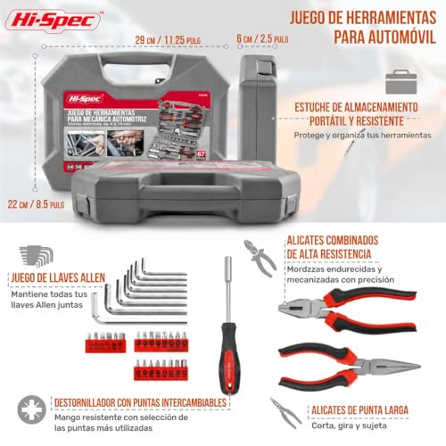 Hi-Spec Juego de Herramientas para Mecánica Automotriz de 67 Piezas. Herramientas Manuales de Bricolaje para Reparación y Mantenimiento de Automóviles, Bicicletas, y Motos. con Maletin de Transporte