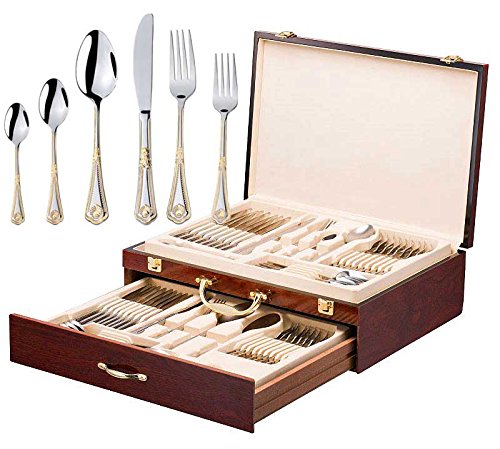 Italian Collection 'Seashell' 75-Pс Premium Flatware Set w/Wooden Storage Case, Dining Cutlery Service for 12, 24K Gold plated 18/10 Stainless Steel Hostess Serving Set in a Chest