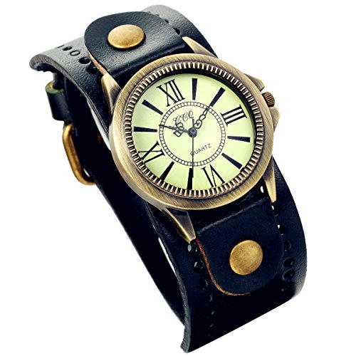 Lancardo Vintage Leather Bracelet Watch with Antique Brass Bronze Tone Bezel(Navy)