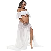 JustVH Maternity 2 Piece Outfits Dress Tube Top Ruffle Sleeves Split Skirt for Photoshoot Baby Shower