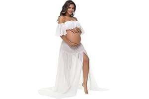 JustVH Maternity 2 Piece Outfits Dress Chiffon Tube Top Ruffle Sleeves Split Skirt for Photoshoot Baby Shower