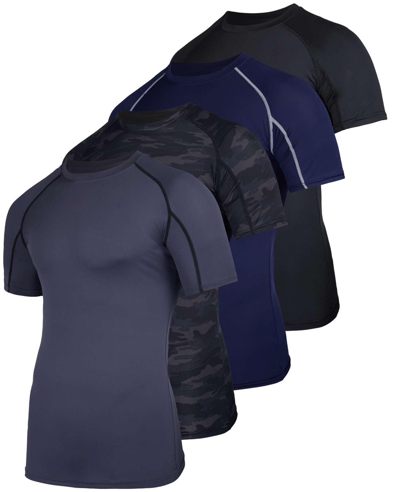 Photo 1 of 4 Pack: Mens Big and Tall Short Sleeve Shirts Compression Base Layer Thermal Undershirt Slimming Black Active Athletic T-Shirt Dry Fit Workout Sports Rashguard Gym Running King Size Top- Set 7, 3XLT