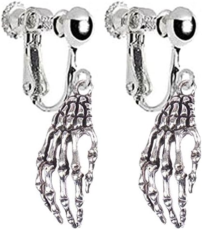 Vintage Punk Gothic Skeleton Hands Clip on Earrings Claw Dangle for Kids Girls Women (White Gold Plated)
