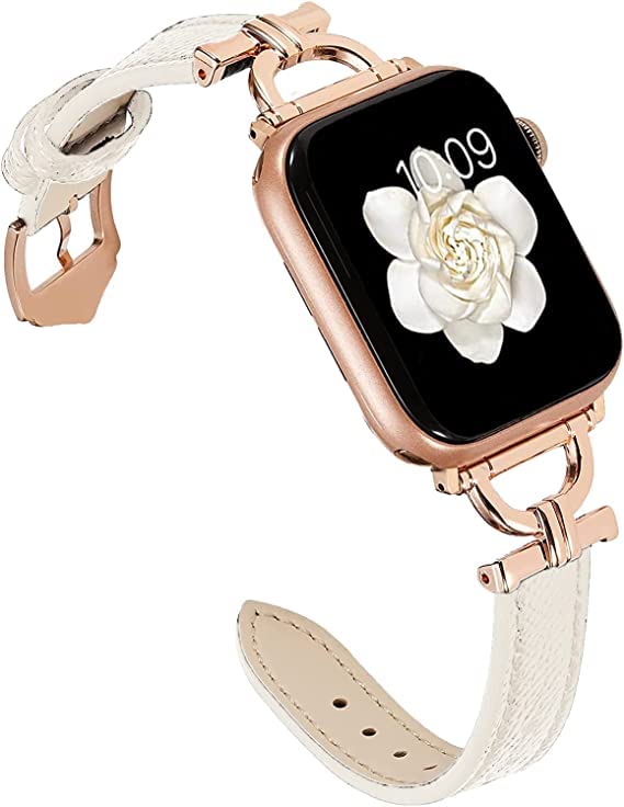 Miimall for Apple Watch 49mm/45mm/44mm/42mm Leather Strap, Slim Adjustable Band with Metal D-Shaped Strap Connector, Replacement Bracelet for iWatch Ultra 2/Ultra, Series 9 8 7 6 5 4 3 2 1 SE, White