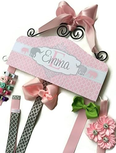 Personalized Hair Bow Holder - Pink and Gray Elephant and Quatrafoil Pattern - HairBowHolders - Baby Shower Gift. Birthday Gift for Girls Baby Bow Holder pretty