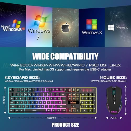 RedThunder K10 Wireless Gaming Keyboard and Mouse Combo, LED Backlit Rechargeable 3800mAh Battery, Mechanical Feel Anti-ghosting Keyboard + 7D 3200DPI Mice for PC Gamer (Black)