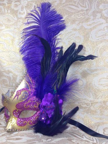 Grand Venetian Impression Purple and Gold Grand Swan Laser Cut Masquerade Mask - Decorated w/ Side Feather