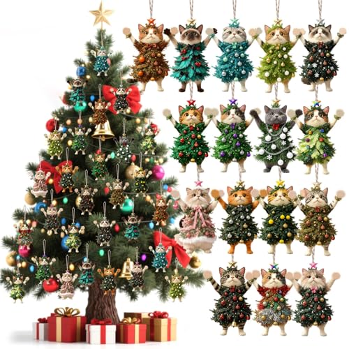 16 Pcs Christmas Cat Ornaments Set, Festive Cat Shaped Christmas Tree Pendants, 2D Flat Acrylic Xmas Decorations for Home, Classroom, Holiday Party, 2026 Funny Xmas Gifts for Cat Lovers (Multi-1)