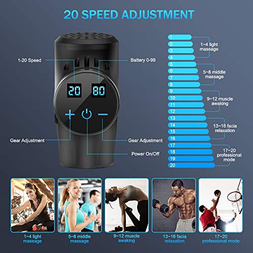 Massage Gun, 20 Speeds Adjustable Professional Handheld Deep Tissue Percussion Muscle Massager Quiet, 4 Heads Cordless Electric Massage Device for Pain Relief & Sports Relaxation (Black)