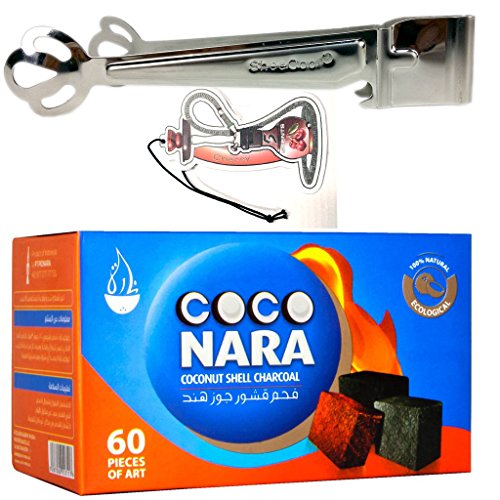 Coco Nara Natural Coconut Hookah Coals 60 Flat Pieces Coconara With Bonus Sheecool Hanging Charcoal Tongs and Shisha Shaped Air Freshener