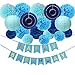 Blue Birthday Party Decorations, Happy Birthday Banner, 14 Paper Pom Poms, 2 Paper Lanterns, 2 Paper Fans - Men Girls Kids, Baby Shower, Boys' 1st Birthday Party Supplies