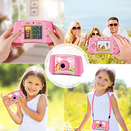 PROGRACE Kids Camera Portable Handheld Console Game for Toddler 4-12 Year Old Girls Boys Toy Gifts Children Camera for Kids Support 4000+ Games Music Selfie Kids Digital Video Camera 12M 2.4Inch(Pink)