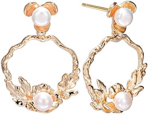 Cuicanstar Women's Silver Plated Double Pearl Flower Hoop Stud Drop Dangle Earrings (Gold)