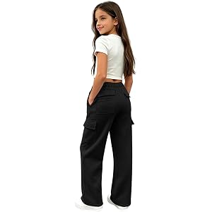 Girls Cargo Sweatpants Preppy Kids Pants Wide Leg Baggy Sweat Pants | Teen Joggers Casual Trousers With 6 Pockets Athletic Jo