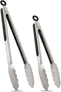 Hotec Küchenzangen-Set, Edelstahl, 22,9 cm und 30,5 cm, verriegelbare Metallzange, Rutschfester Griff (schwarz)