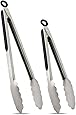 Hotec Stainless Steel Kitchen Tongs Set of 2 - 9" and 12", Locking Metal Food Tongs Non-Slip Grip (Black)