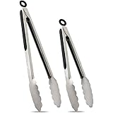 Hotec Stainless Steel Kitchen Tongs Set of 2 - 9" and 12", Locking Metal Food Tongs Non-Slip Grip (Black)