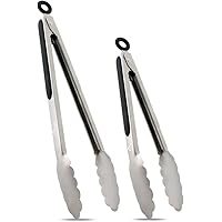 Hotec Stainless Steel Kitchen Tongs Set of 2 - 9" and 12", Locking Metal Food Tongs Non-Slip Grip (Black)
