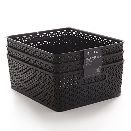 BINO Woven Plastic Storage Basket, Medium– 3 PACK (Black)