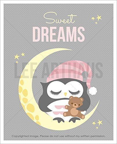 6T "Sweet Dreams" Baby Girl Owl on Moon UNFRAMED Wall Art Print by Lee ArtHaus