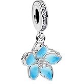 Doyafer Blue Cherry Blossom Sparkling Double-Layer Silver Pendant 925 Sterling Silver Charm Fit Women's Bracelet Necklace Pendant Jewelry Gift for Women