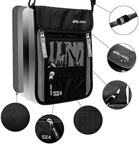 My-JAXO Premium Family Travel Neck Pouch Wallet Safety Passport Holder Keep Cash And Documents Safe for Men and Women Peace Of Mind on your Travel with RFID Blocking Black, Grey, Red 1 My-JAXO Premium Family Travel Neck Pouch Wallet Safety Passport Holder Keep Cash And Documents Safe for Men and Women Peace Of Mind on your Travel with RFID Blocking Black, Grey, Red