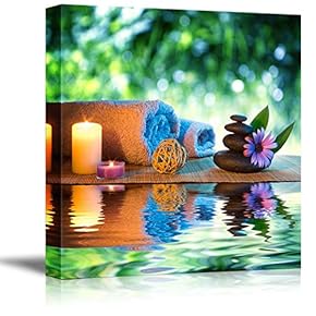 Canvas Prints Wall Art - Two Candles and Towels with Black Zen Stones and Purple Daisy on Water Spa/Meditation Concept | Modern Wall Art - 12" x 12"