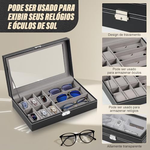 Porta Relógio Masculino, Mostra de Relógios e Óculos, Porta Relógios Caixa Estojo para 6 Relógios 3 Óculos, Caixa Porta Relógio, Caixa de Armazenamento de Relógio com Tampa, Porta Oculos Organizador