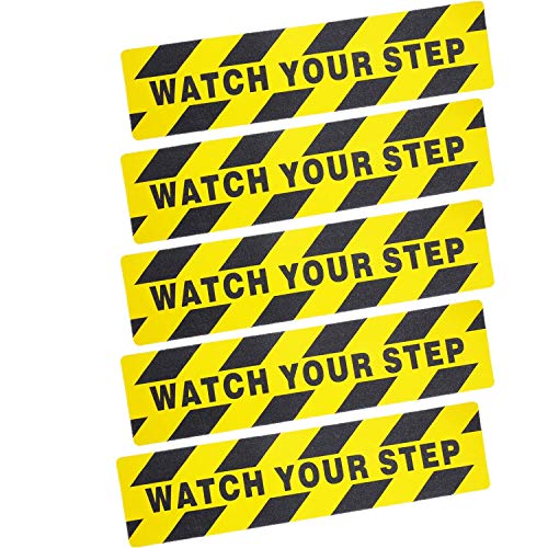 5 Pack Watch Your Step Warning Sticker Adhesive Tape Anti Slip Abrasive Tape for Workplace Safety Wet Floor Caution, 6 by 24 Inches