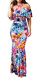 PRETTYGARDEN Women's Off Shoulder Ruffle Floral Printed Sexy Bodycon Beach Boho Maxi Dress (Style_1, X-Large)