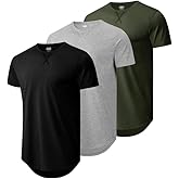 Mens 3 Pack Cotton Hipster Longline T Shirts Curved Hem Plain Hip Hop Short Sleeve Tee Fitted Casual Drop Cuts Crewneck