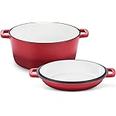 TeamFar 2-In-1 Enameled Cast Iron Dutch Oven, 5 Quart Dutch Oven Pot Cookware with Skillet Lid for Bread Baking Braising Stewing Roasting, Heavy-Duty & Nonstick, Oven Safe & Fit for Induction (Red)