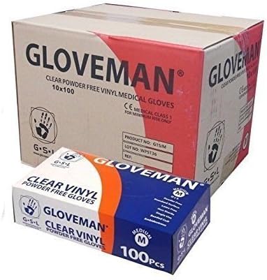Gloveman Vinyl Gloves Powder Free Clear Medium 1000 Case 10 Boxes