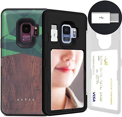 Galaxy S9, SKINU [Galaxy S9 Wallet Case] Galaxy S9 Charger Dual Layer Hidden Credit [S9 Card Case] Holder ID Slot Card Case with Inner USB Type C Adapter and Mirror for Galaxy S9 (2018) - Wood