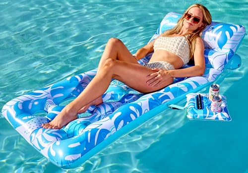 Sloosh Inflatable Pool Float Adult - Tropical Leaves Pool Floaties Lounger with Adjustable Backrest Cup Holders, Sun Tanning Float Rafts Floating Chair Pool Beach Lake Lounge Above Water Keep Cool