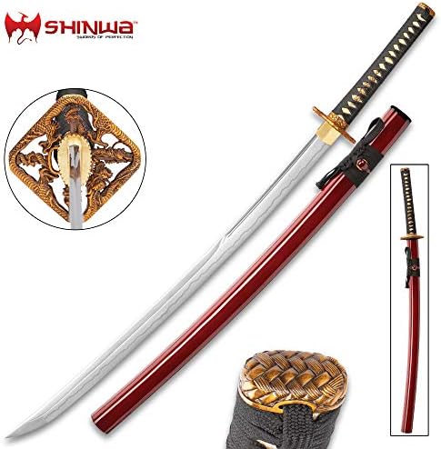Shinwa Blood Dragon Katana and Scabbard - 1045 Carbon Steel Blade, Genuine Rayskin, Brass Habaki, Cast Metal Fittings - Length 39 1/2"