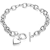 14K Gold Silver Tone Women’s Heart Charm Bracelets Toggle Clasp Stainless Steel Link Bracelet Minimalist Jewelry 7.5”