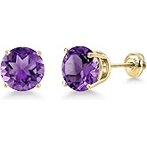 Gem Stone King 14K Yellow Gold Purple Amethyst Stud Earrings for Women | 4.20 Cttw | Gemstone February Birthstone | Round 9MM