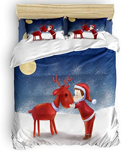 掛けふとんカバー クリスマス 可愛い 漫画 クリスマス帽子 男 鹿 イラスト 手描き 月 雪花 サービス 布団カバー 寝具カバーセット 布団用 四季通用 洋式 べッドシーツ 寝心地良い 通気性 ベッド用 枕カバー 肌触り柔らかい 和式兼用 ダブル